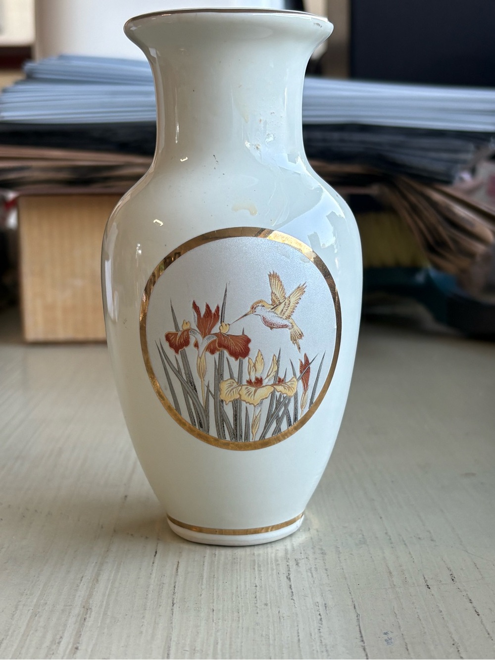 White Ceramic Vase with Gold-Trim Hummingbird Floral Design